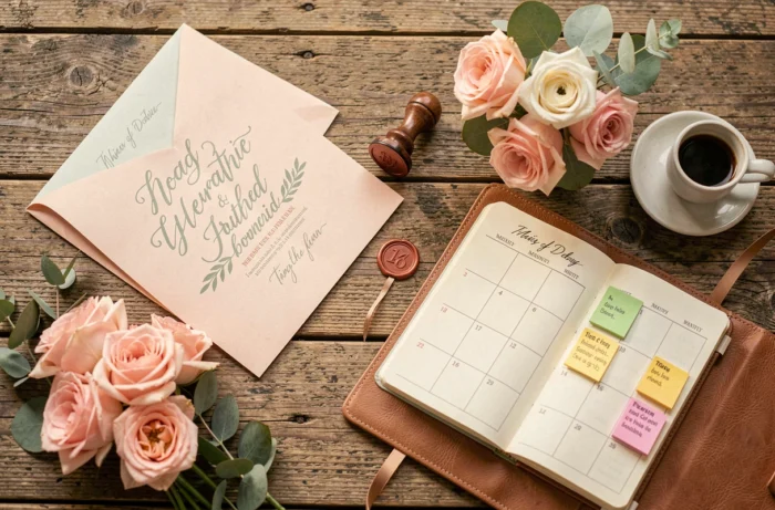 Flat lay de papeterie de mariage incluant une invitation calligraphiée, un carnet de planification et des roses sur une table en chêne