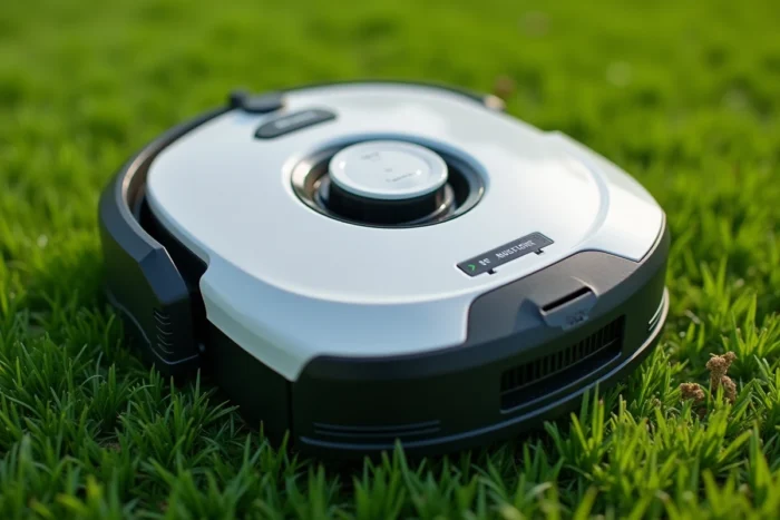 Gros plan sur le panneau de contrôle du robot tondeuse Lidl Parkside posé sur l'herbe coupée