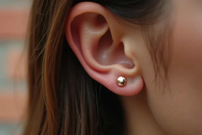 Gros plan d'un piercing flat rose gold guéri sur le cartilage plat de l'oreille avec rendu de peau naturel et détail métallique réaliste