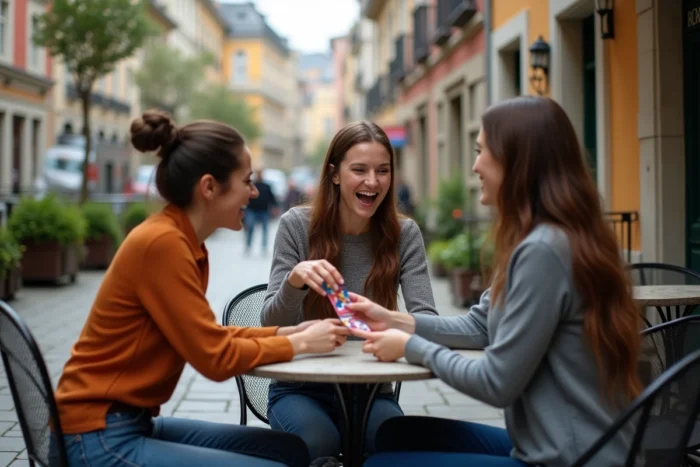 Groupe d'amis jouant à un jeu de cartes en terrasse urbaine, illustrant la tendance des jeux de loisirs portables
