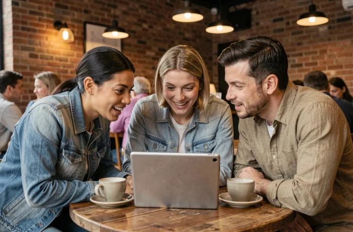 Groupe de personnes discutant d'un phénomène viral autour d'une tablette dans un café, illustrant l'intérêt pour tarenoi sur internet