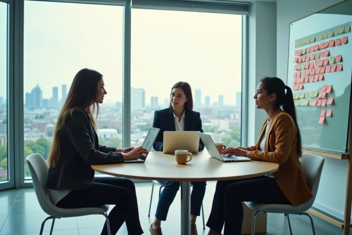 Groupe de jeunes diplômés en business collaborant autour d'une table dans une salle de réunion moderne, représentant l'esprit d'équipe et les opportunités offertes par OrionB2B FR
