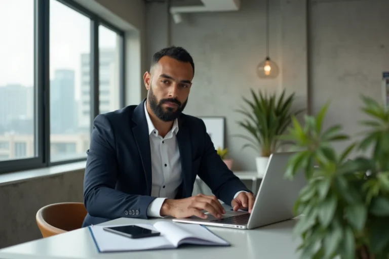 Hakim Benotmane, entrepreneur dans le digital, travaillant dans un bureau moderne et minimaliste