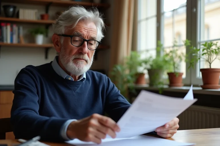 Homme de 60 ans consultant ses documents de retraite dans un appartement parisien