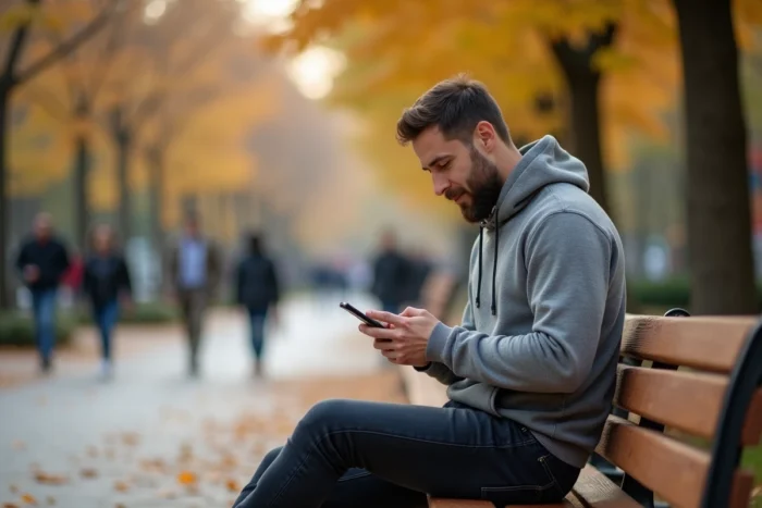 Homme consultant les tendances et actualités sur son smartphone dans un parc urbain en automne