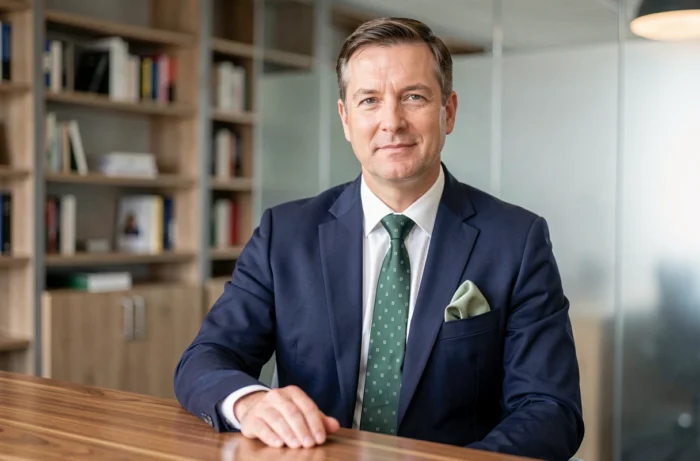 Homme d'affaires en costume bleu marine avec cravate verte et pochette assortie assis à un bureau moderne