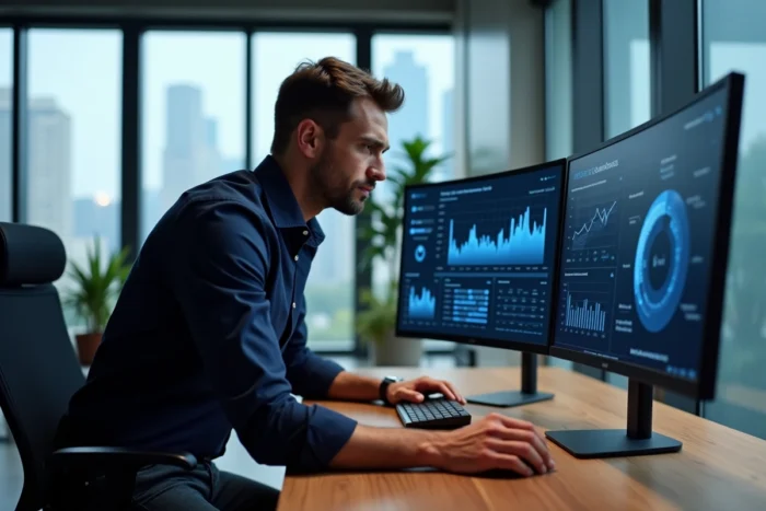 Homme d'affaires analysant des données sur un écran incurvé ultrawide dans un bureau moderne