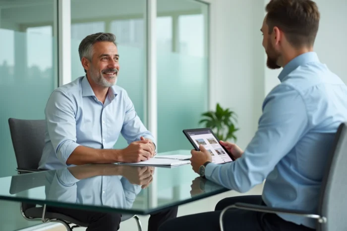 Homme discutant d'une offre de location avec un agent immobilier dans une agence moderne