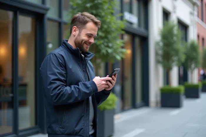 Homme consultant une application de recherche d'emploi sur smartphone devant un espace de coworking urbain