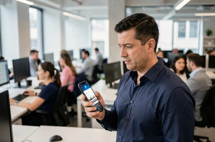 Homme en bureau moderne consultant des tendances de recherche sur son smartphone lié au phénomène viral tarenoi
