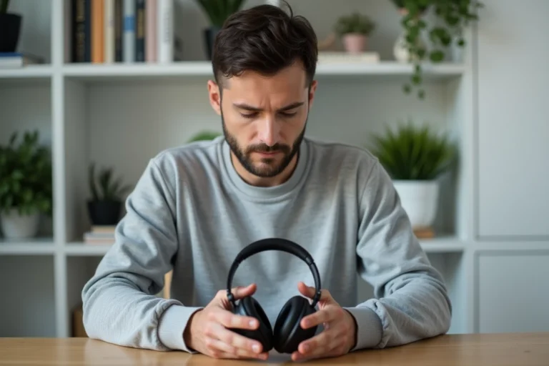 Homme tenant un casque Sony Bluetooth au-dessus d'un bureau en bois dans un bureau à domicile moderne
