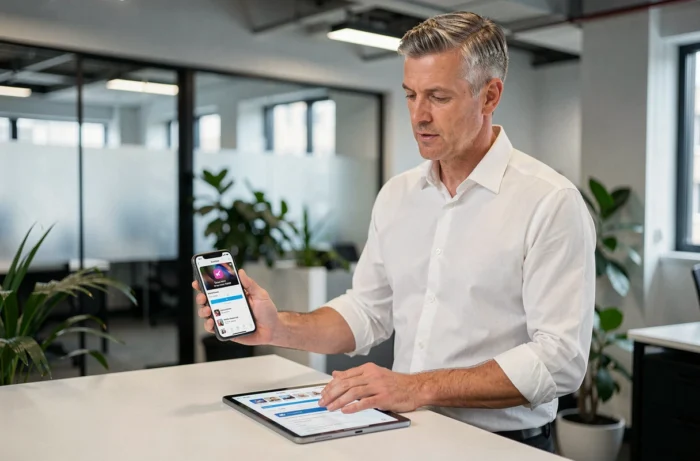 Homme configurant l'application Mon Proxima sur smartphone et tablette dans un bureau moderne
