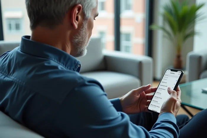 Homme consultant une ancienne annonce leboncoin sur son smartphone dans un salon moderne