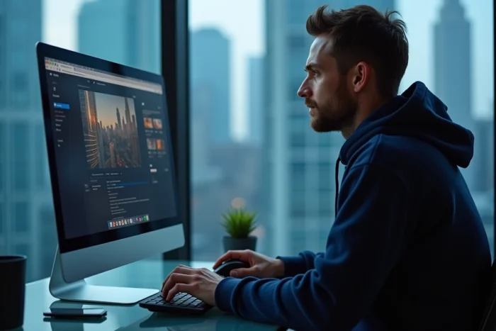 Homme utilisant un site web pour convertir et télécharger une vidéo YouTube au format MP4 sur ordinateur de bureau