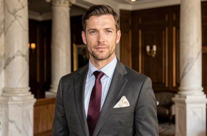 Homme élégant en costume gris anthracite avec cravate bordeaux et pochette assortie dans un lobby d'hôtel parisien