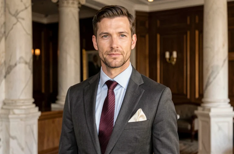 Homme élégant en costume gris anthracite avec cravate bordeaux et pochette assortie dans un lobby d'hôtel parisien