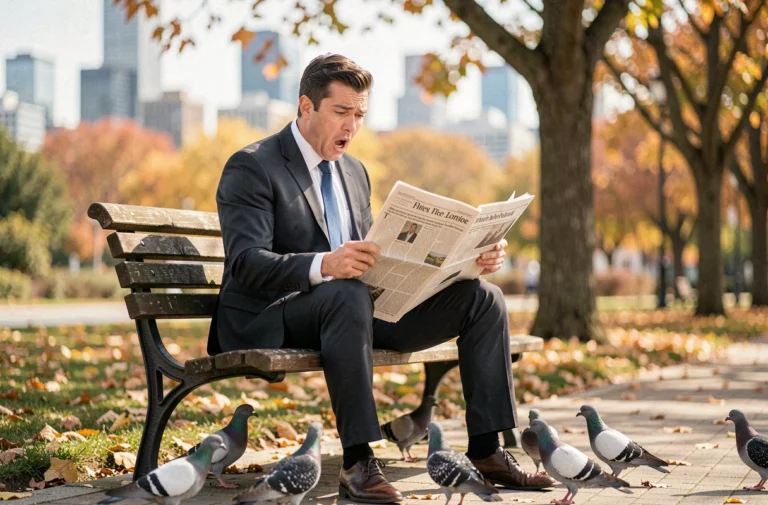 Homme en costume lisant un journal avec une expression incrédule dans un parc urbain entouré de pigeons