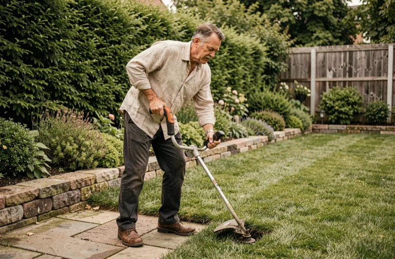 Homme utilisant un coupe-bordure thermique pour délimiter proprement les bords d'une pelouse le long d'un chemin en pierre dans un jardin entretenu