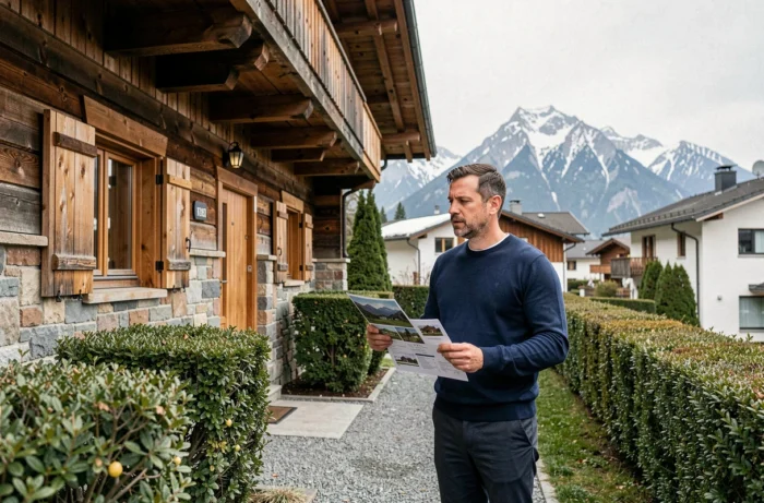 Homme évaluant une propriété immobilière devant un chalet suisse avec une fiche d'annonce