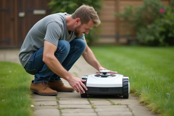 Homme examinant un robot tondeuse Lidl Parkside dans son jardin résidentiel