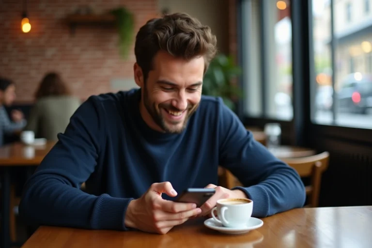 Homme souriant qui envoie un message ambigu sur son téléphone dans un café, illustrant la question amitié ou intérêt amoureux