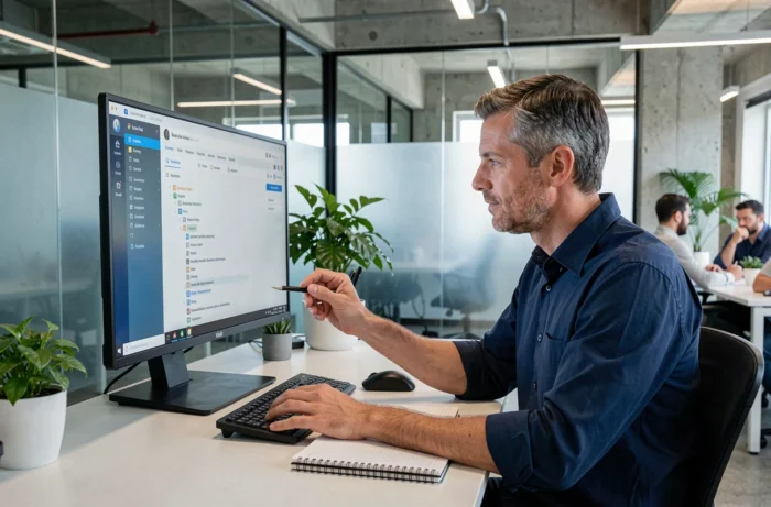 Homme naviguant sur la page sitemap d'un site web sur un grand écran dans un bureau moderne en open space