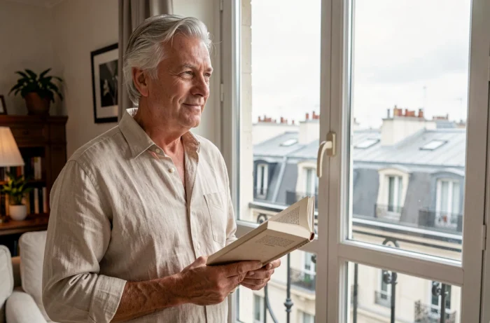 Homme pensif aux cheveux argentés regardant les toits de Paris depuis son appartement, symbole de réflexion sur la vie sentimentale et les confidences de couple
