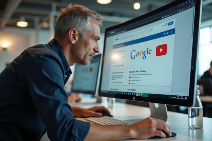 Homme configurant des raccourcis de sites web Gmail et YouTube sur un bureau Windows depuis un grand écran