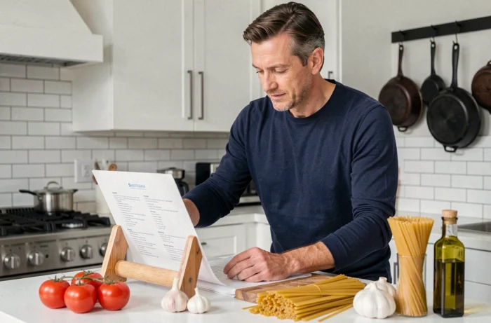 Homme consultant une recette imprimée entouré d'ingrédients frais sur un îlot de cuisine moderne