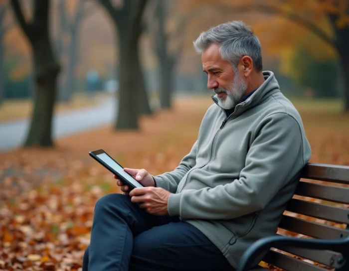 Homme retraité consultant un calculateur de retraite sur tablette dans un parc en automne