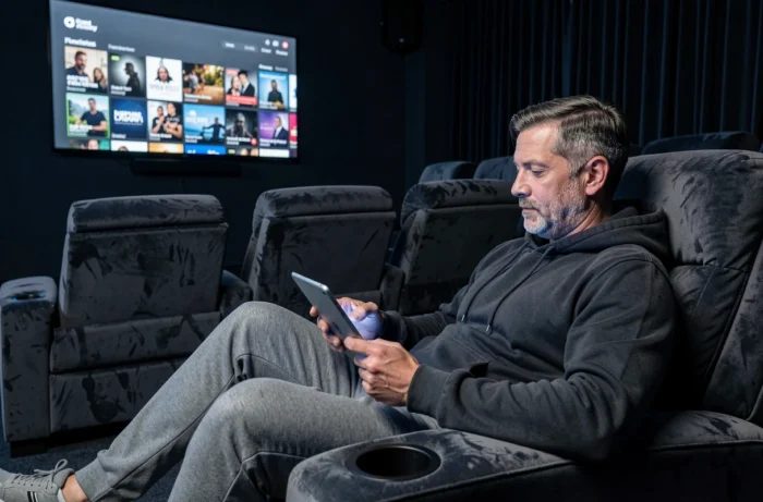 Homme seul dans une salle de cinéma privée parcourant le catalogue d'une plateforme de streaming