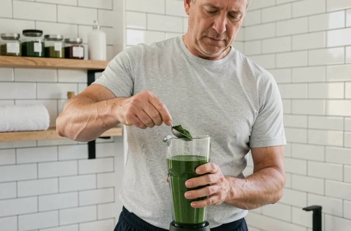 Homme préparant une boisson à la spiruline dans une bouteille blender dans une salle de bain moderne et épurée