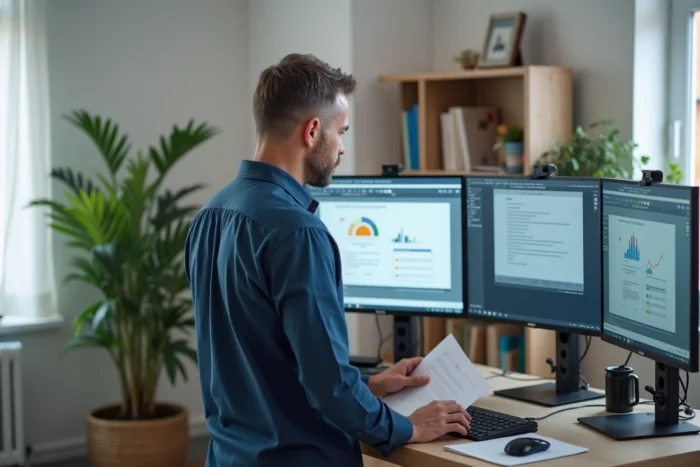 Homme travaillant sur une suite bureautique open source dans un bureau à domicile avec double écran