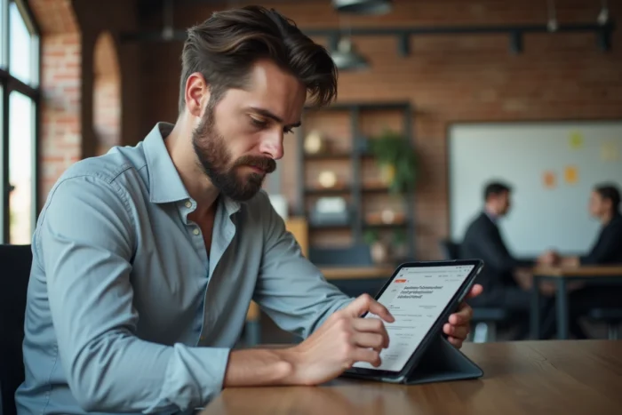 Homme d'affaires utilisant une tablette pour simplifier la prise de rendez-vous dans un espace de coworking
