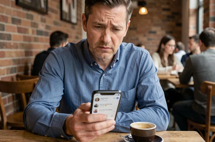 Homme lisant des avis consommateurs sur son smartphone dans un café urbain