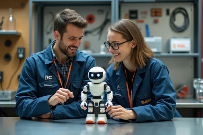 Deux ingénieurs collaborant autour d'un prototype de robot humanoïde dans un atelier de robotique