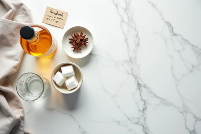 Vue de dessus des ingrédients du pastis avec sucres, carafe d'eau et informations nutritionnelles sur marbre blanc