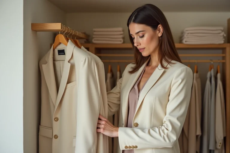 Femme inspectant l'étiquette et les finitions d'un blazer de haute couture dans une boutique de luxe
