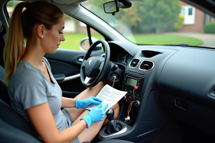 Femme installant un autoradio dans une Peugeot 207 en connectant les fils de couleur correspondants