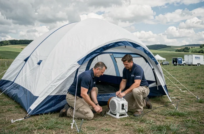 Techniciens de location gonflant et installant une tente gonflable lors de la préparation d'un événement extérieur professionnel