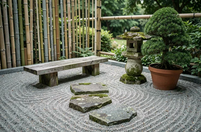 Jardin zen extérieur avec gravier ratissé, pierres de granit, lanterne en pierre moussue et bonsaï genévrier en pot de terre cuite