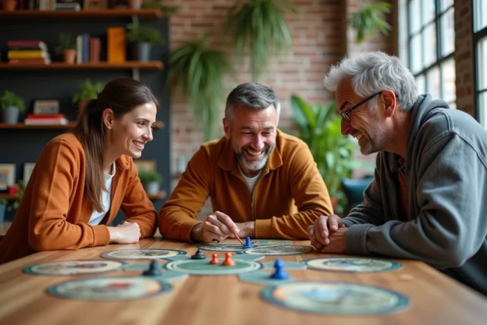 Groupe de trois adultes jouant à un jeu de plateau créatif autour d'une table en bois dans un espace communautaire urbain