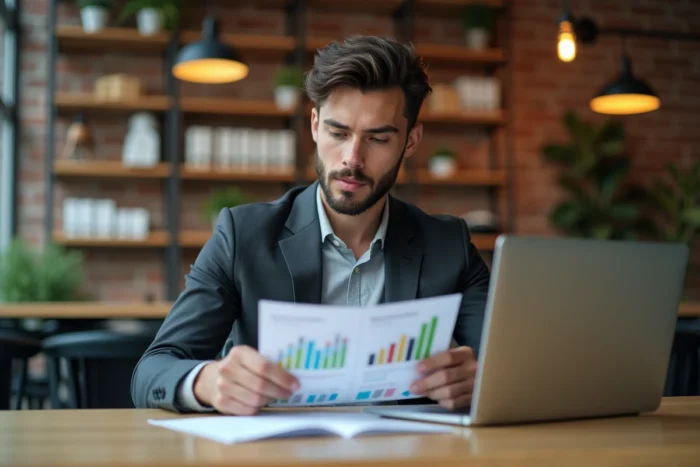 Jeune homme diplômé analysant un rapport business dans un espace de coworking, symbolisant l'accompagnement de carrière proposé par OrionB2B FR