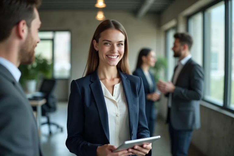 Jeune diplômée en business discutant avec des collègues dans un bureau moderne, illustrant une carrière professionnelle en accélération grâce à OrionB2B FR