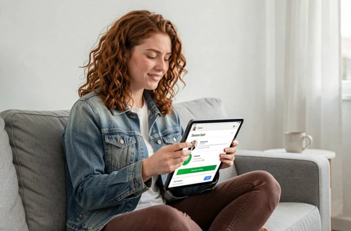 Jeune femme activant son espace protégé Mon Proxima sur tablette dans un salon minimaliste