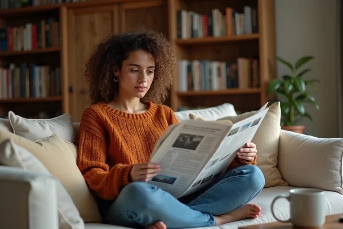 Jeune femme lisant le journal et consultant les actualités en ligne depuis son salon chaleureux