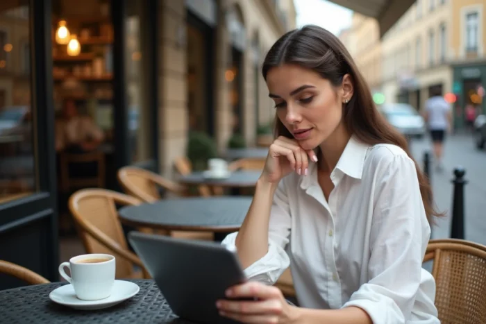 Jeune femme recherchant une ancienne annonce leboncoin sur une tablette dans un café en terrasse