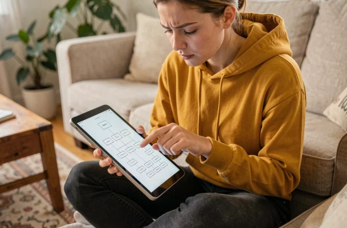 Jeune femme consultant le plan du site sur une tablette depuis son canapé dans un salon cosy