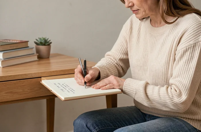 Femme écrivant une liste organisée dans un carnet papier à son bureau à domicile pour limiter la charge mentale au quotidien