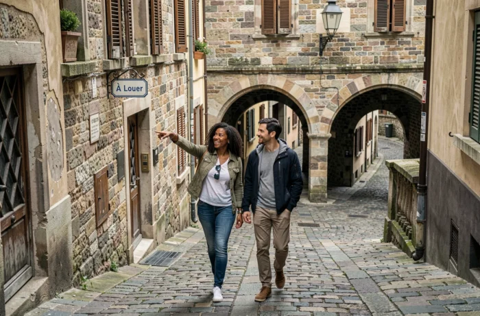 Couple visitant le quartier de la Croix-Rousse à Lyon à la recherche d'un appartement à louer
